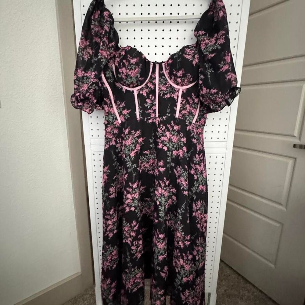 Black Pink Floral Corset Bustier Puff Sleeve Midi Dress